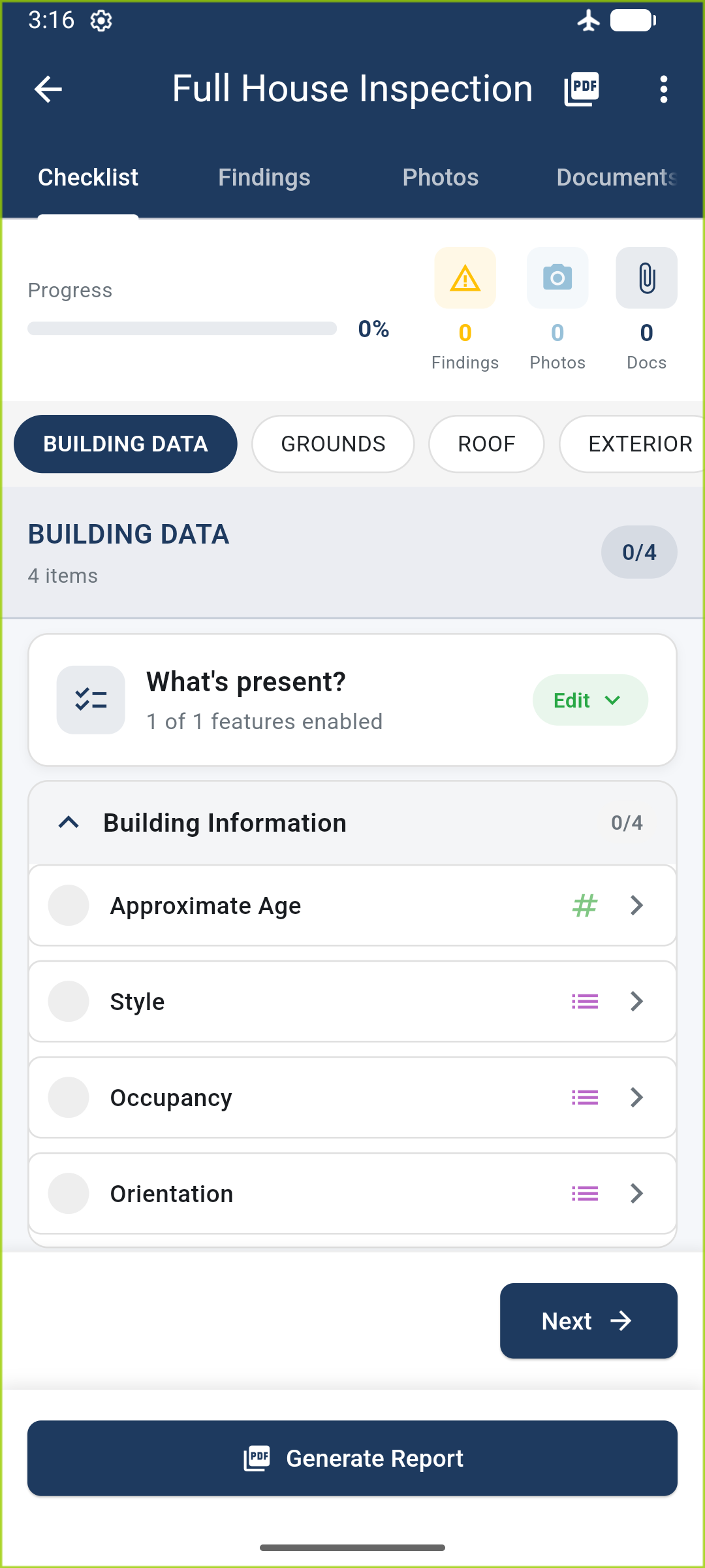 HIR Builder inspection checklist, showing section progress, findings and photo counts, and the Generate Report button